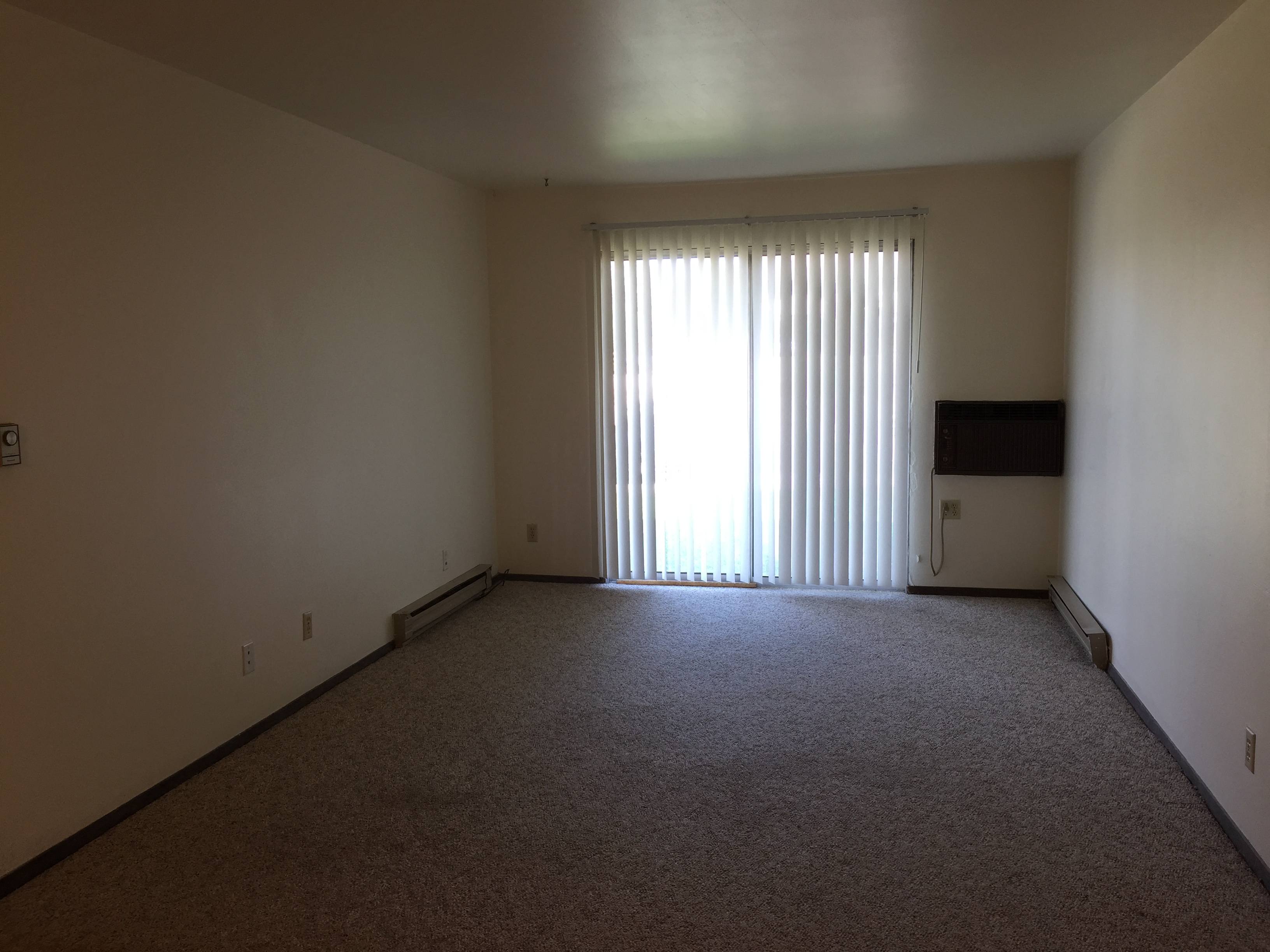 an empty living room with a window and a carpet